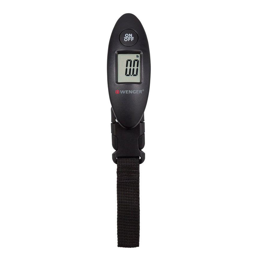 Digital luggage scale with a black handle and LCD display.