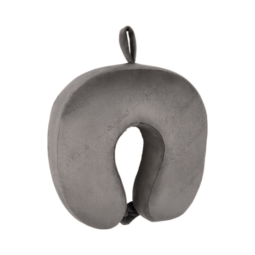 Gray U-shaped travel neck pillow with a loop for hanging.