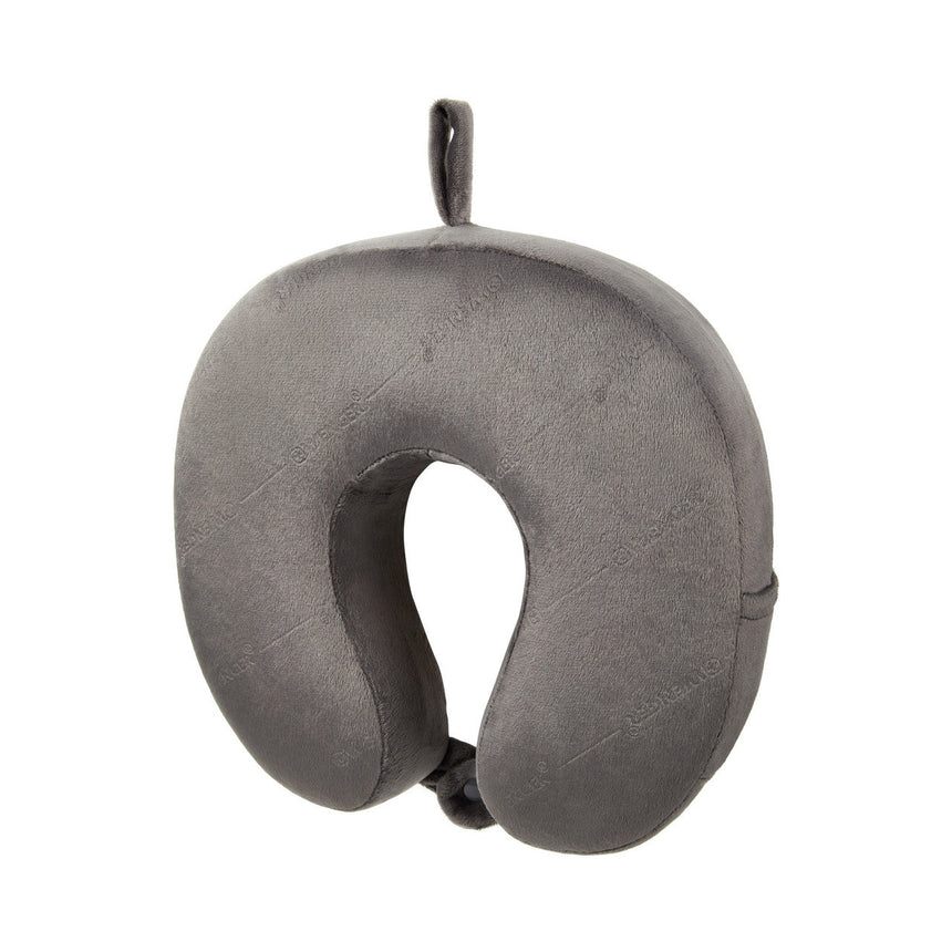 Gray U-shaped travel neck pillow with a loop for hanging.