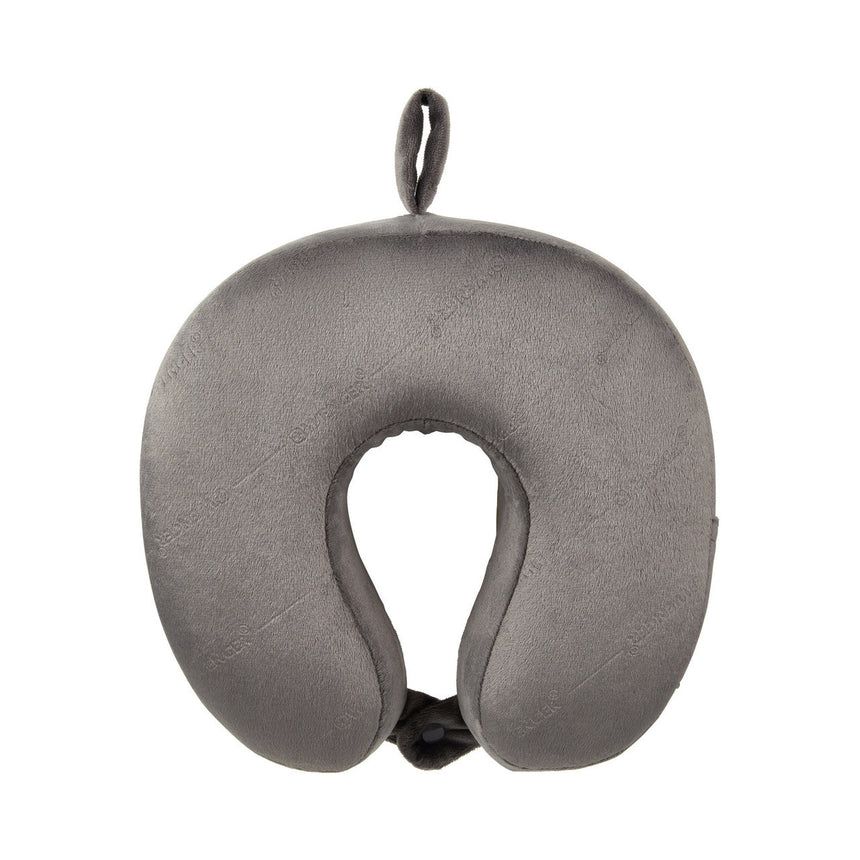 Gray U-shaped travel neck pillow with a loop for hanging.