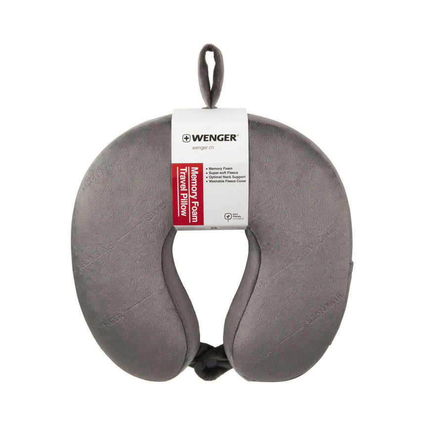 Gray U-shaped travel neck pillow with a Wenger brand tag attached.