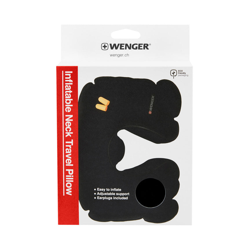 Inflatable neck travel pillow in black packaging from Wenger.