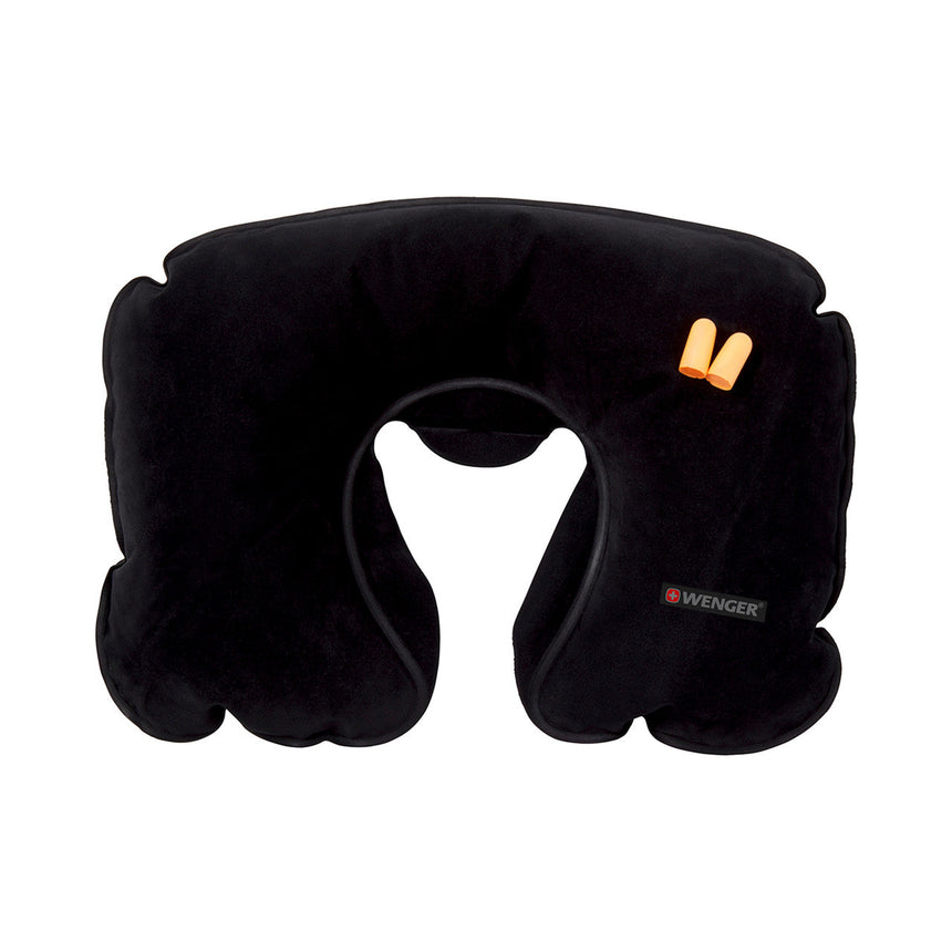 Black travel neck pillow with built-in earplugs.