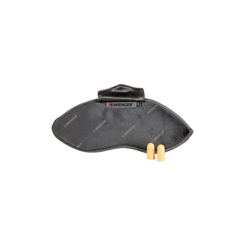 Gray eye mask with two small earplugs beside it.