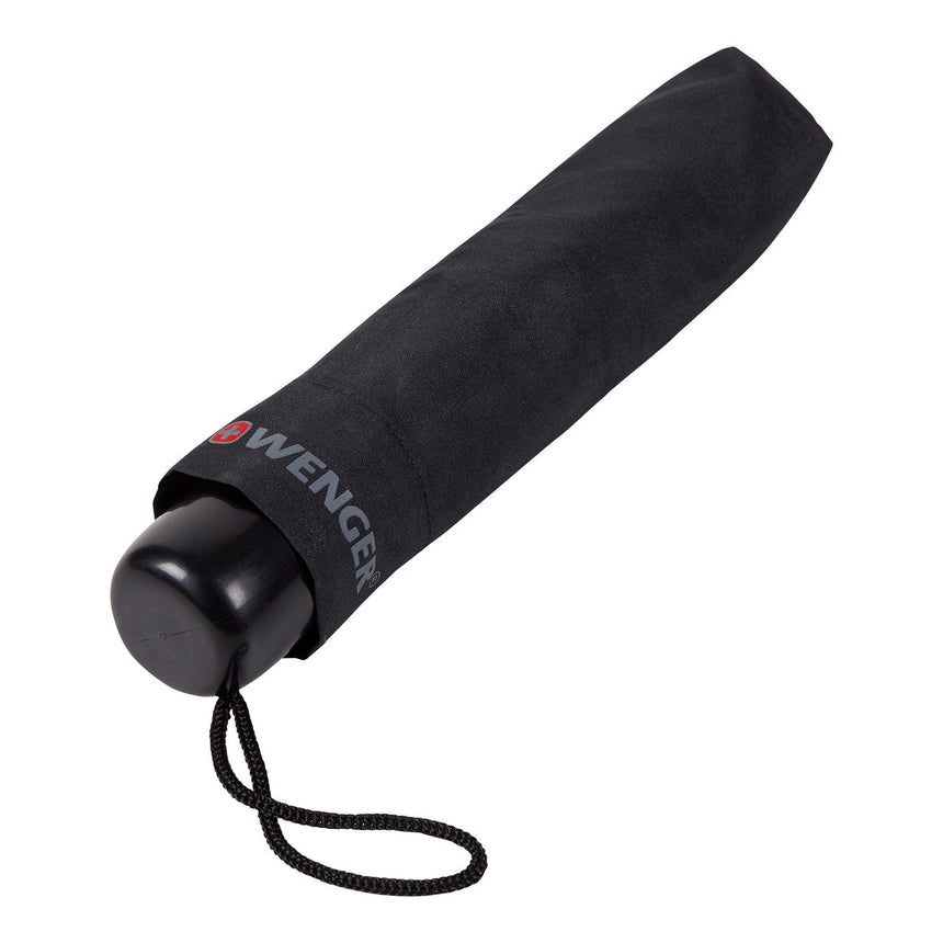 Black folding umbrella with a wrist strap.