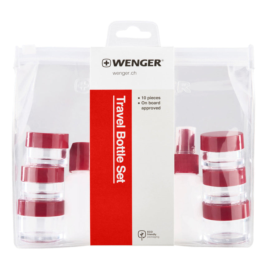 Travel bottle set with stackable containers and red caps from Wenger.