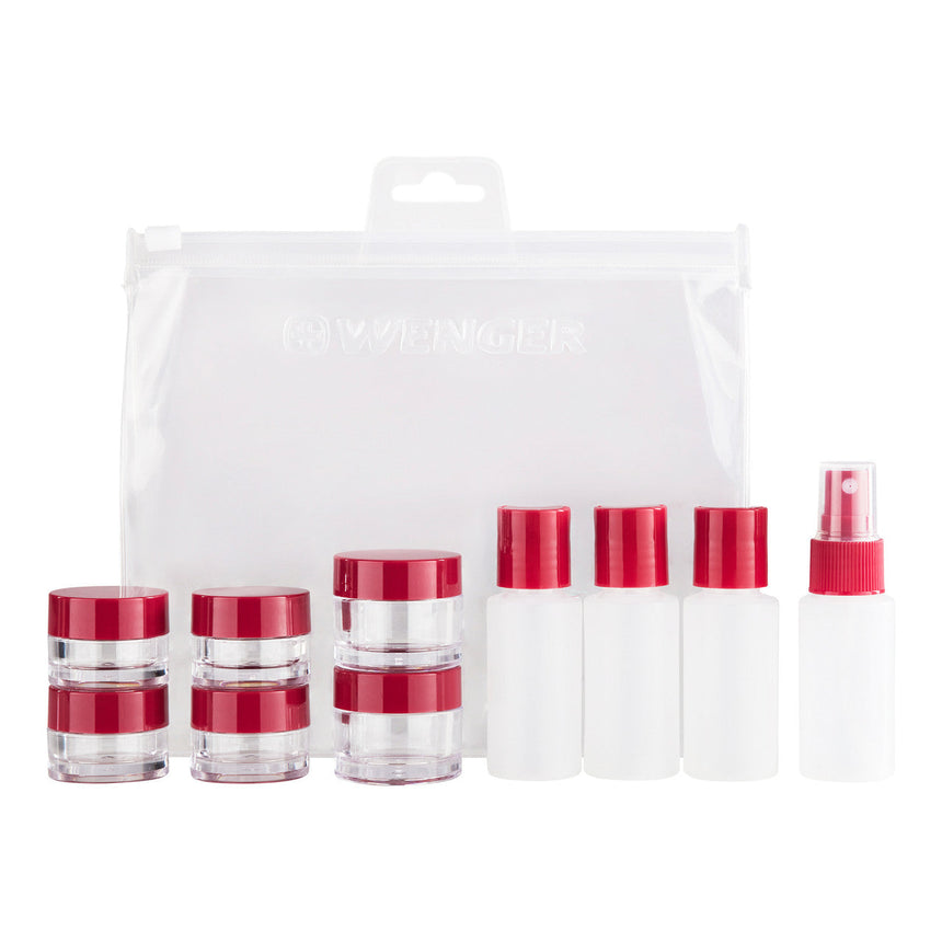 Travel-sized cosmetic containers with red caps in various shapes and sizes.