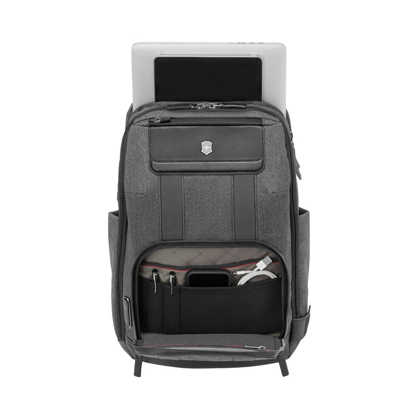 Gray backpack with multiple compartments and a laptop sleeve.