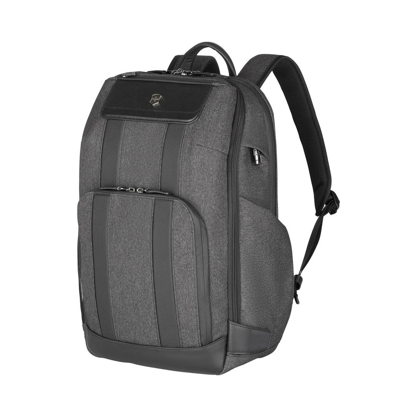 Gray and black backpack with multiple compartments and padded straps.