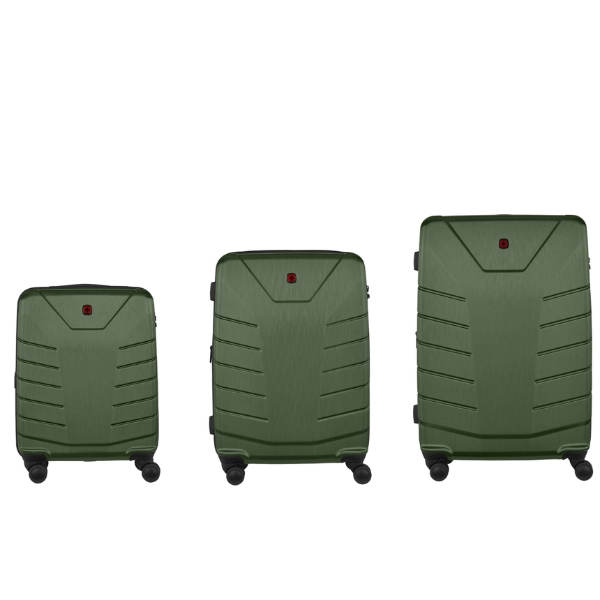 Set of three green hardshell suitcases with wheels.