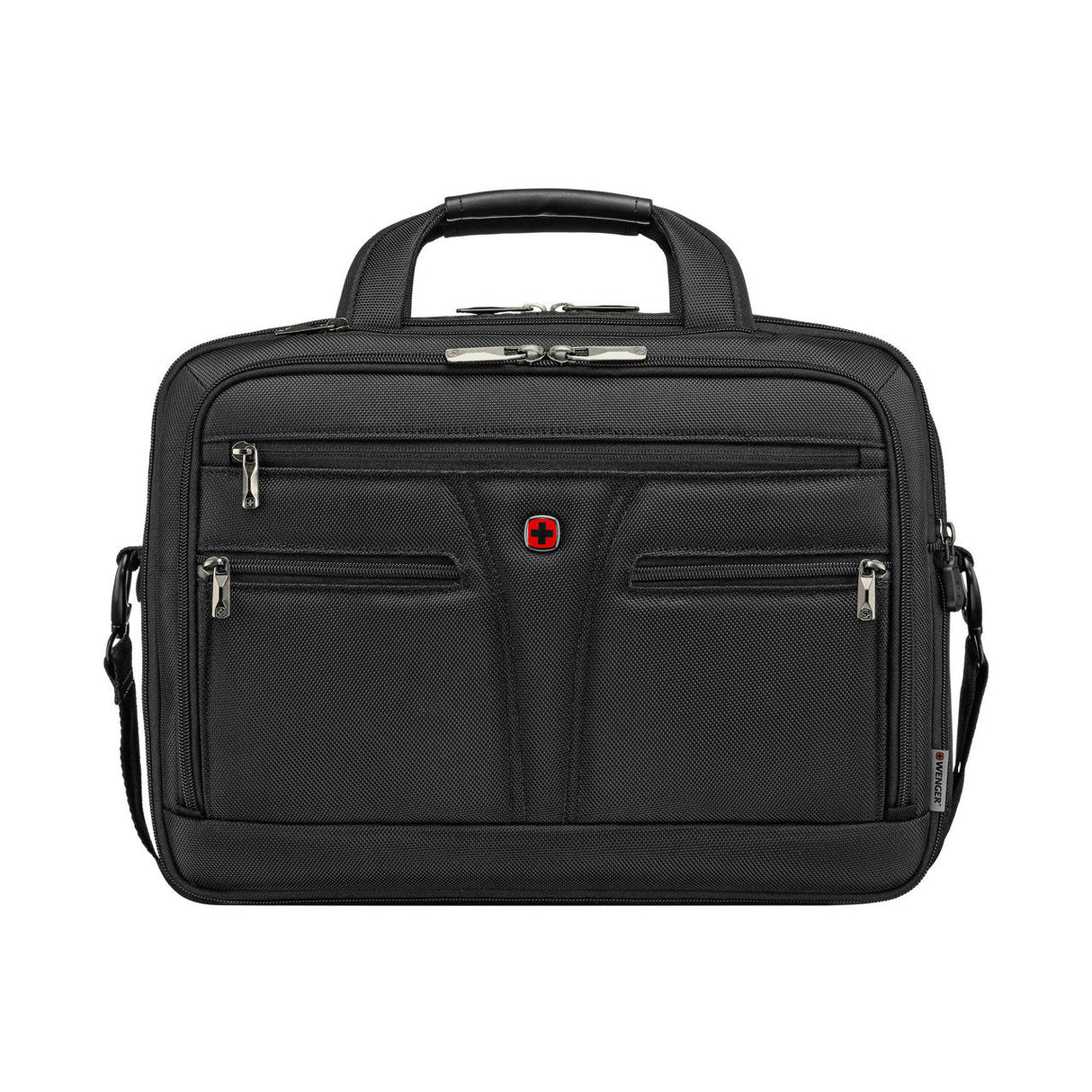 Black laptop bag with multiple zippered compartments and a red logo.