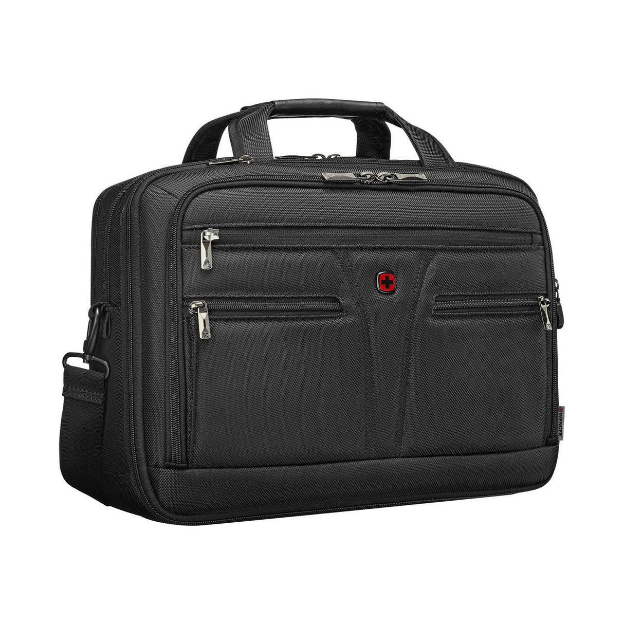 Black laptop bag with multiple zippered compartments and a shoulder strap.