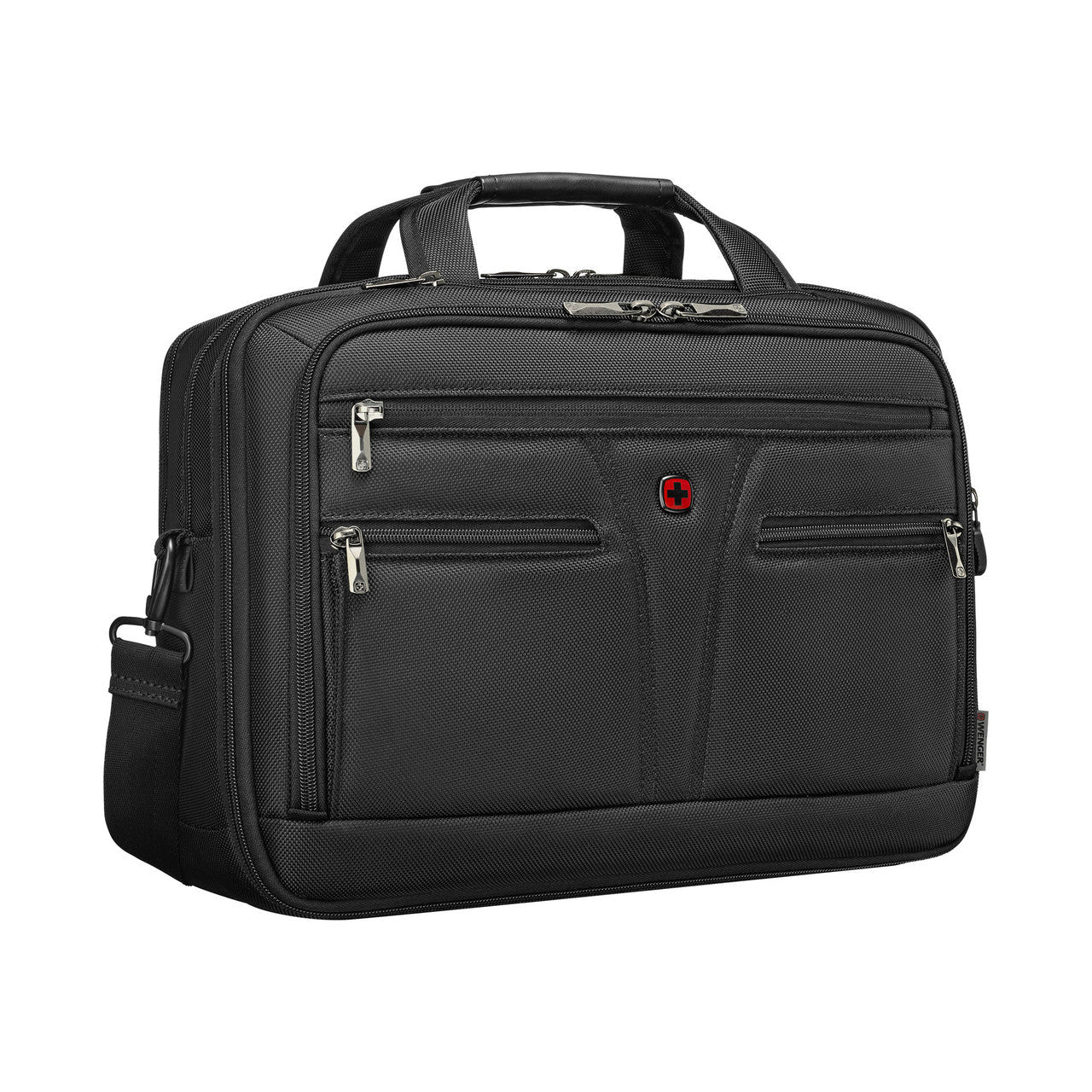Black laptop bag with multiple zippered compartments and a shoulder strap.