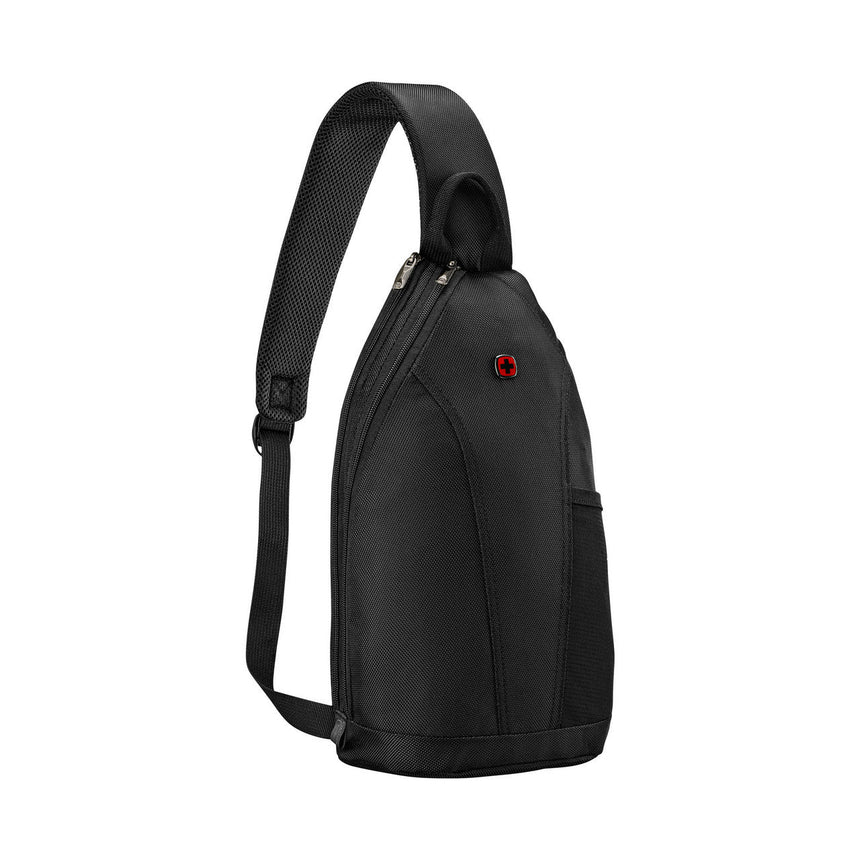 Black sling backpack with a single shoulder strap and small red logo.