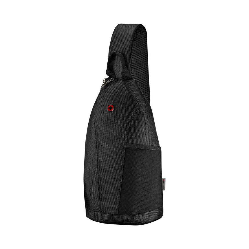 Black sling backpack with a single shoulder strap and small red logo.