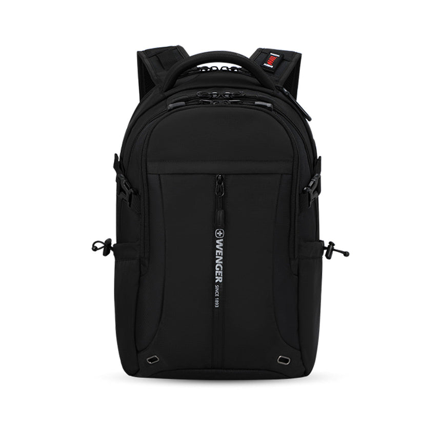 Black backpack with multiple compartments and zippers.