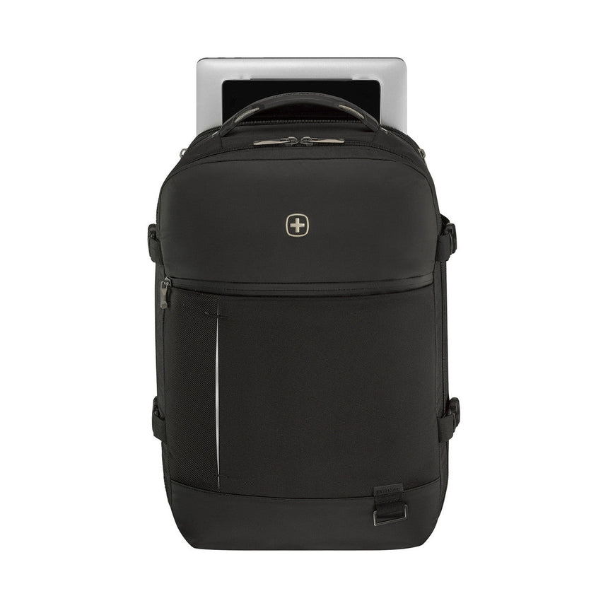 Black backpack with multiple compartments and a Swiss cross logo.