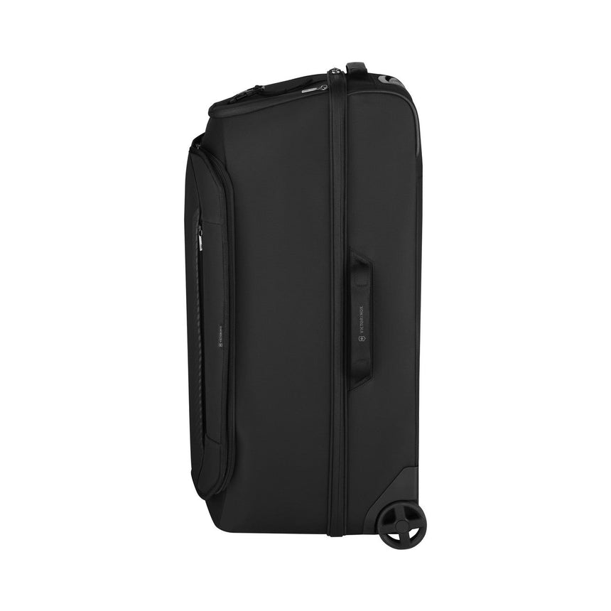 Black wheeled suitcase with a sleek, upright design.