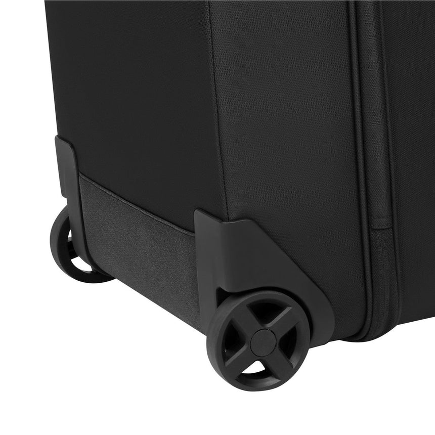 Wheels of a rolling suitcase or luggage bag.