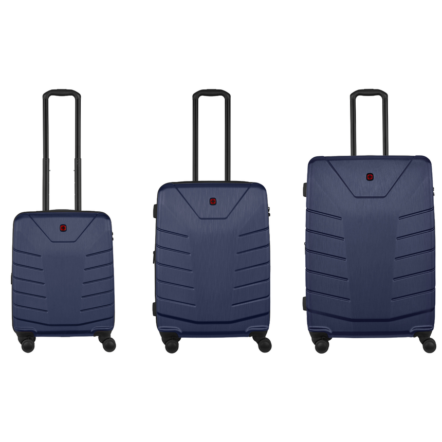 Set of three navy blue hardshell suitcases with extendable handles.