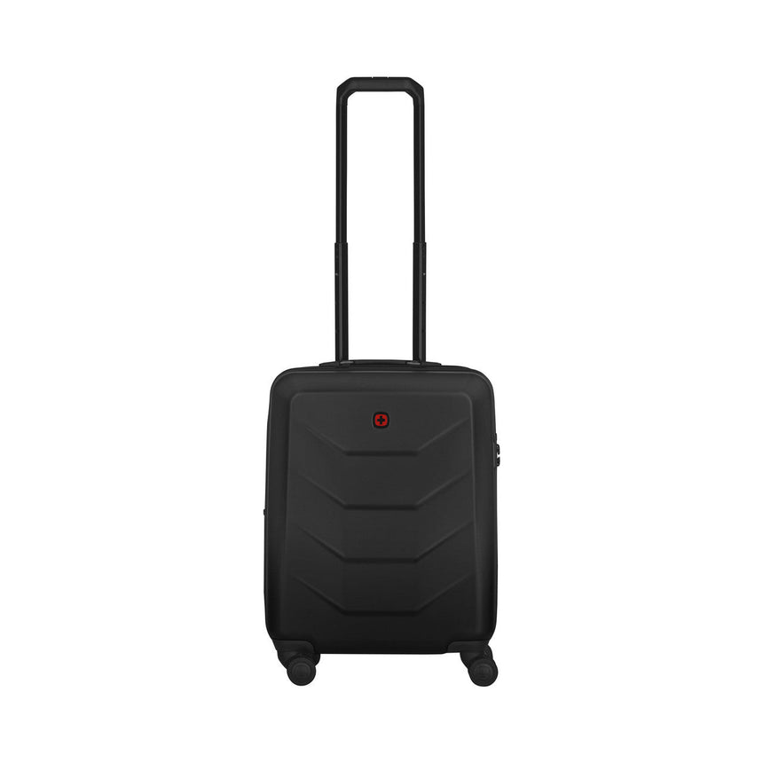 Black hardshell carry-on suitcase with retractable handle and wheels.