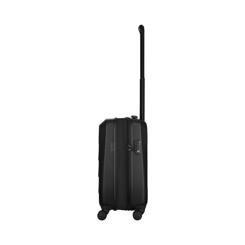 Black wheeled suitcase with an extendable handle.