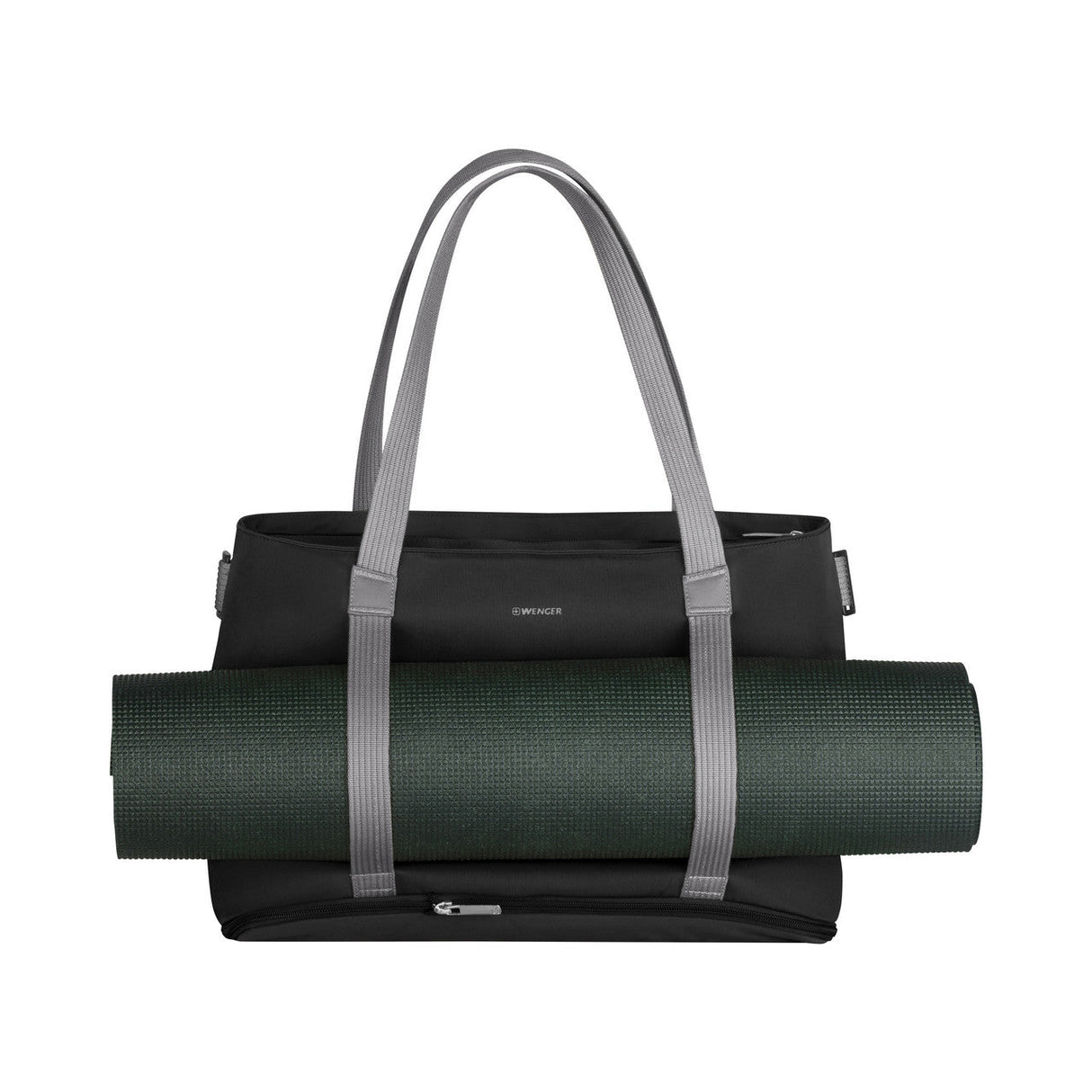Black tote bag with gray handles carrying a rolled-up yoga mat.