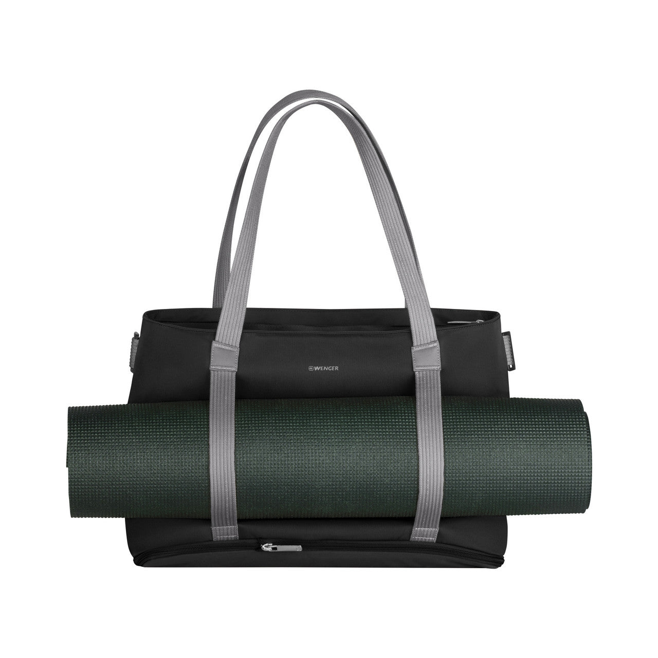 Black tote bag with gray handles carrying a rolled-up yoga mat.