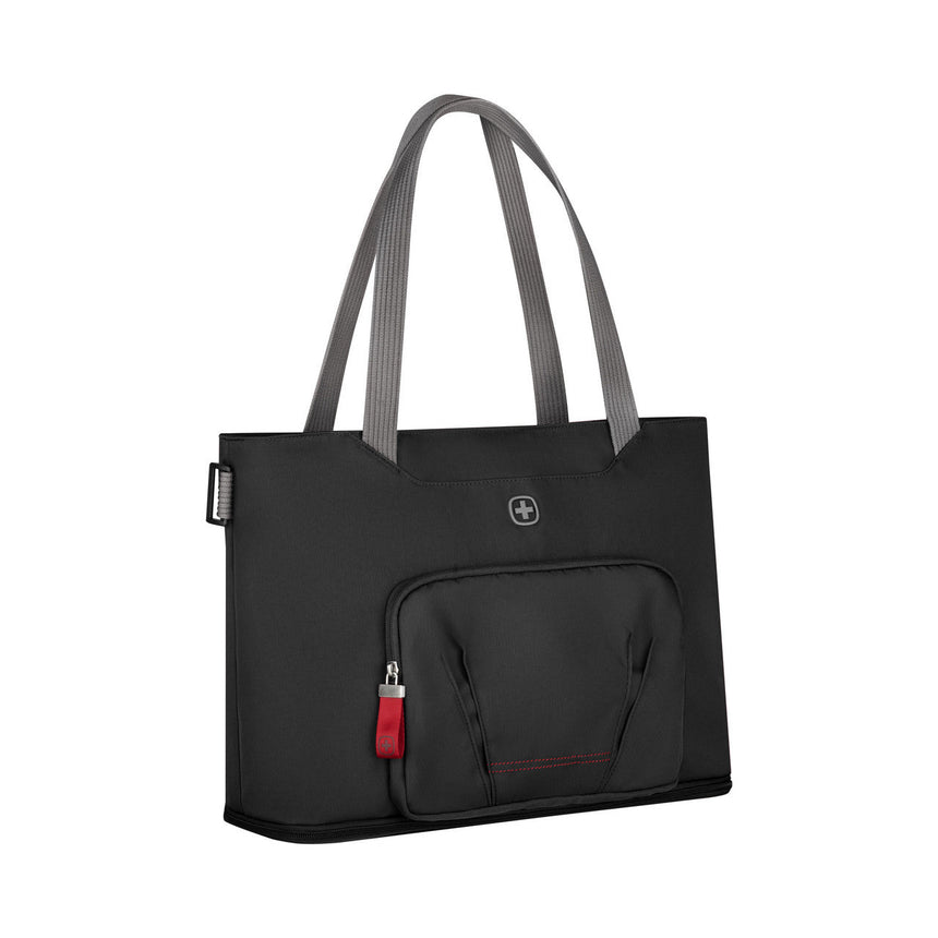 Black tote bag with gray handles and a red zipper pull.