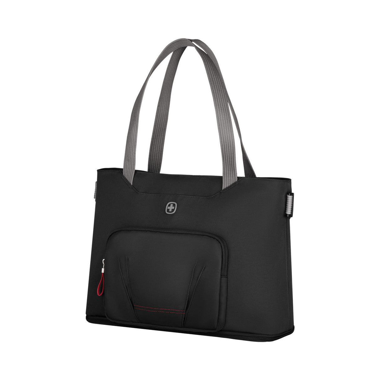 Black tote bag with gray handles and a front pocket.
