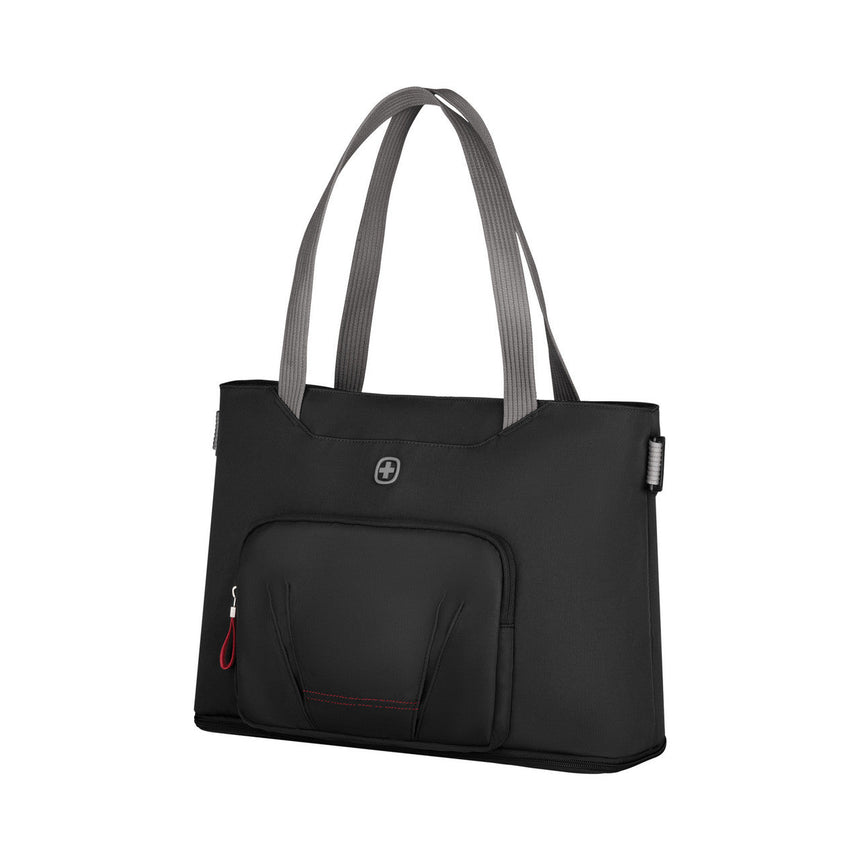 Black tote bag with gray handles and a front pocket.