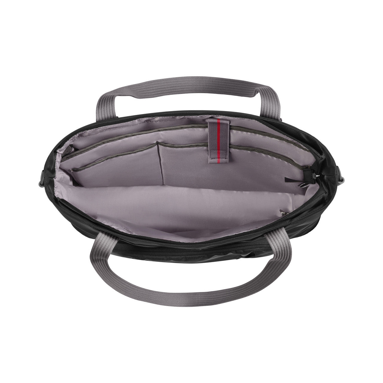 Open tote bag with gray interior compartments and handles.