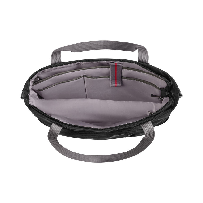 Open tote bag with gray interior compartments and handles.