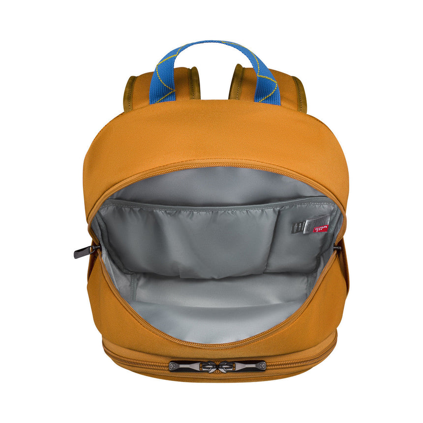 Yellow backpack with blue straps and an open front compartment showing a gray interior.