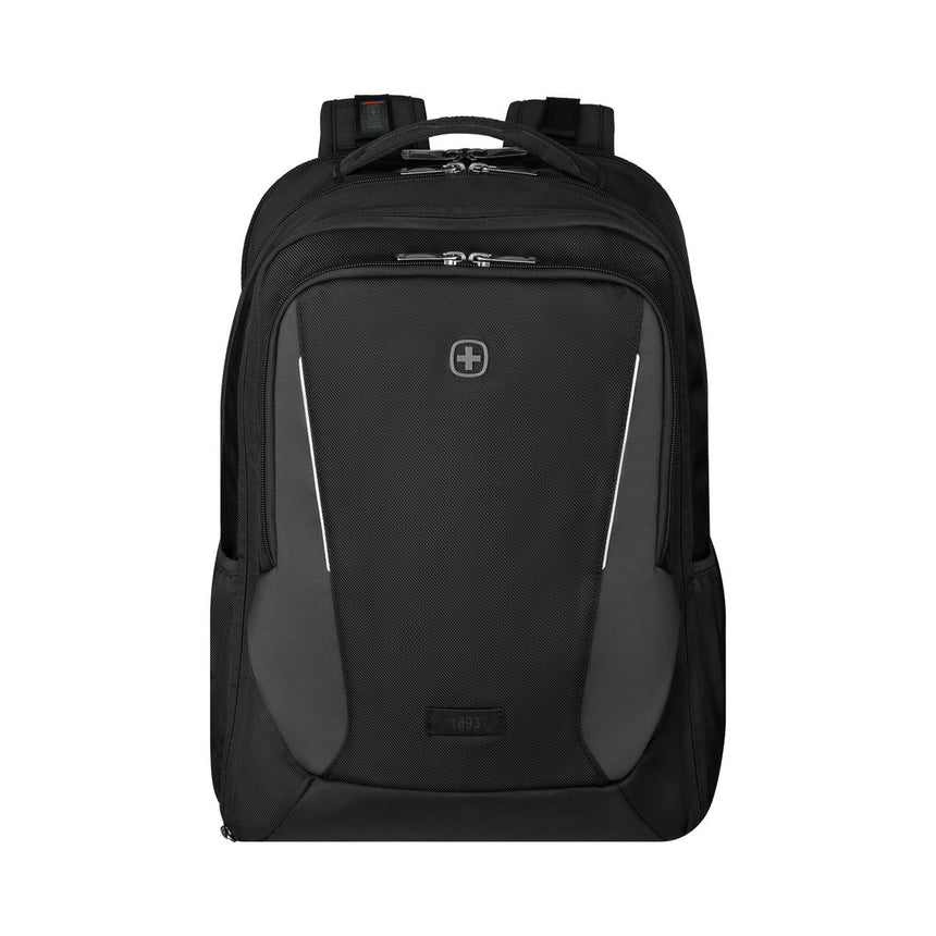 Black and gray backpack with multiple compartments and a Swiss cross logo.