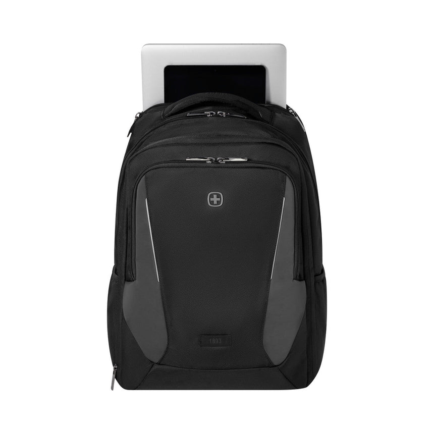 Black and gray backpack with multiple compartments and a laptop sleeve.