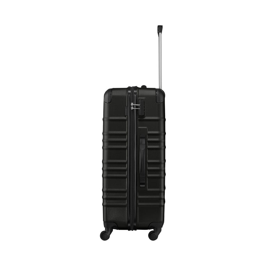 Black hard-shell rolling suitcase with a textured exterior and extendable handle.