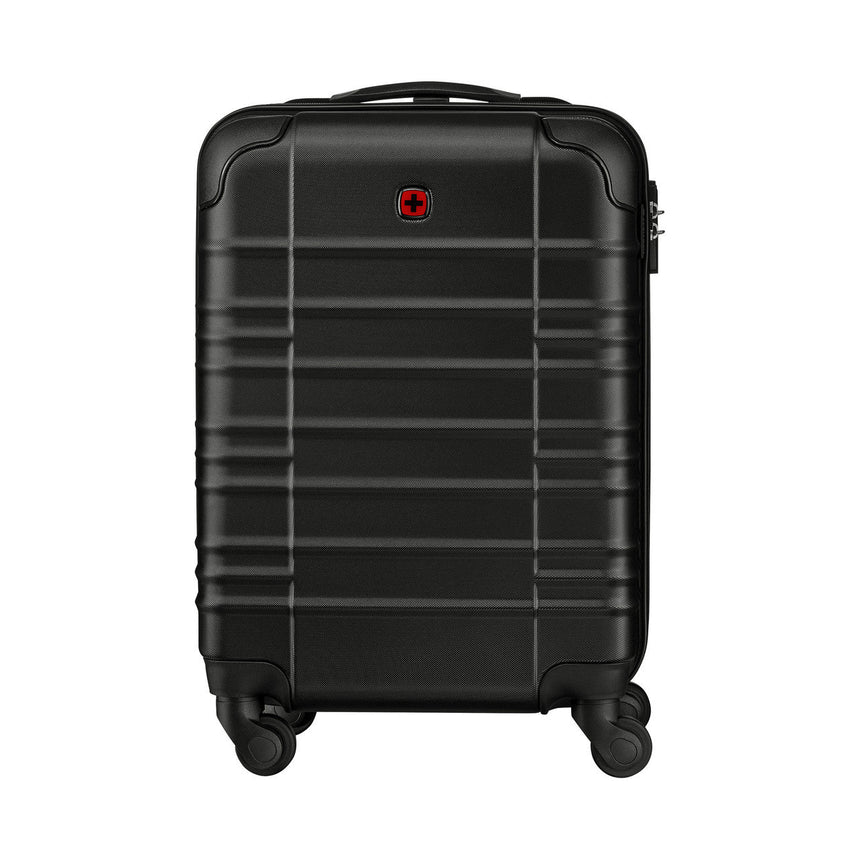 Black hardshell rolling suitcase with horizontal ridges and a red logo.