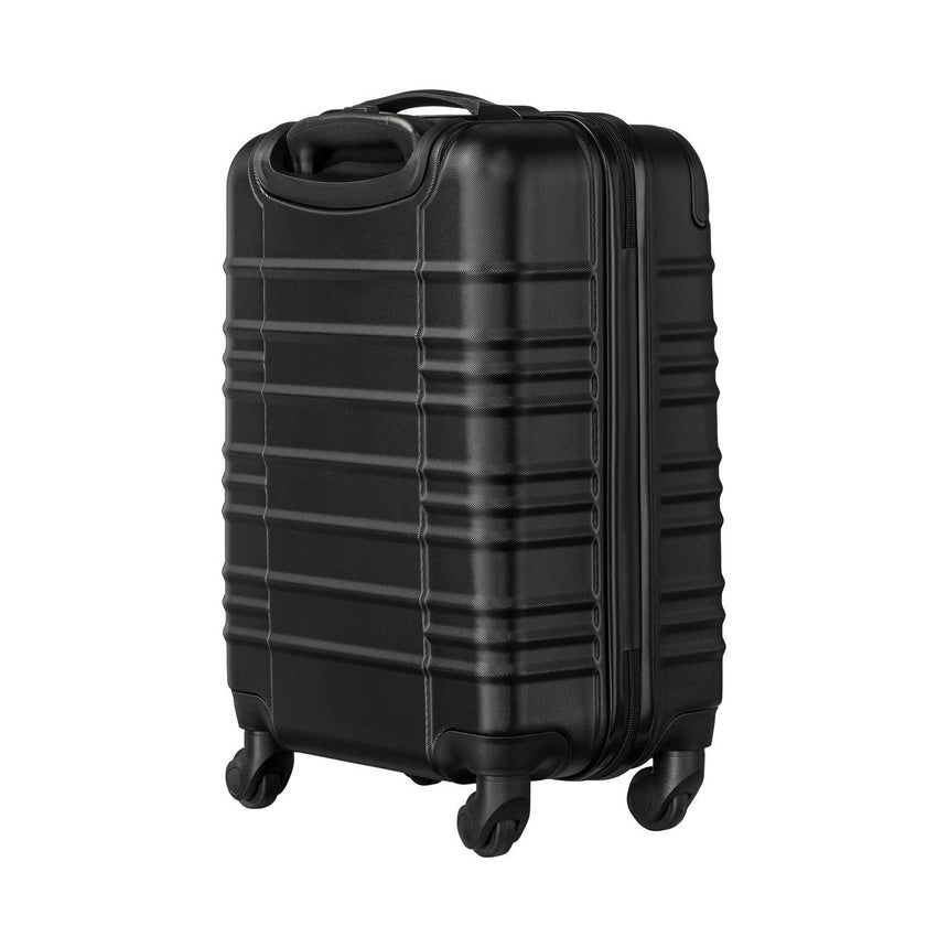 Black hardshell rolling suitcase with horizontal ridges.