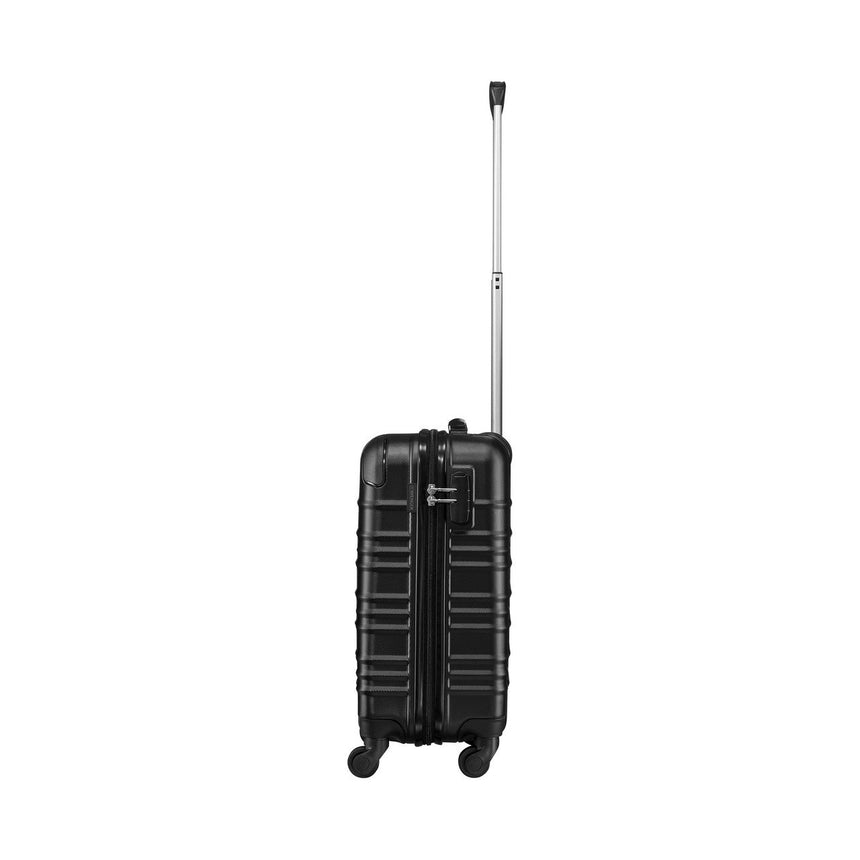 Black hard-shell rolling suitcase with an extendable handle.