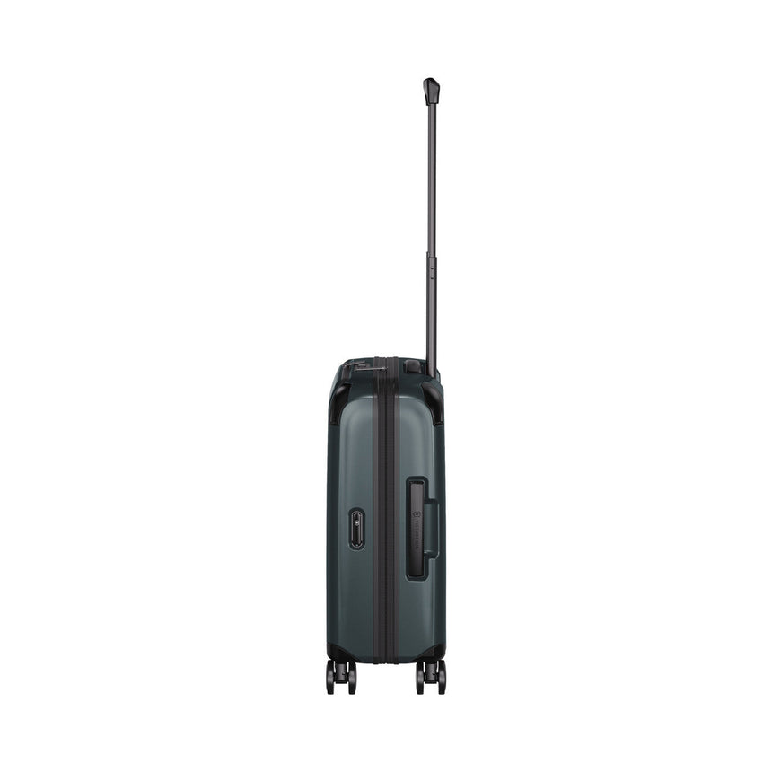 Dark gray hardshell rolling suitcase with an extendable handle.