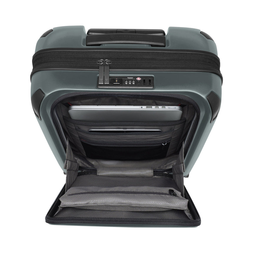 Hard-shell rolling suitcase with an open front compartment revealing interior storage space.