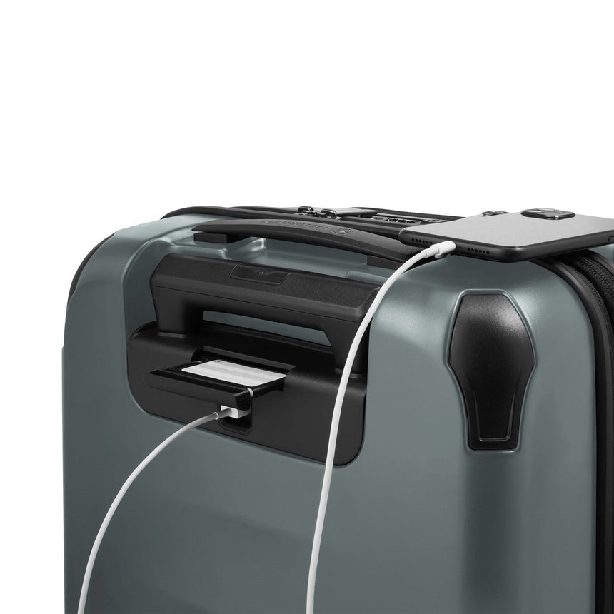 Suitcase with a built-in USB charging port.
