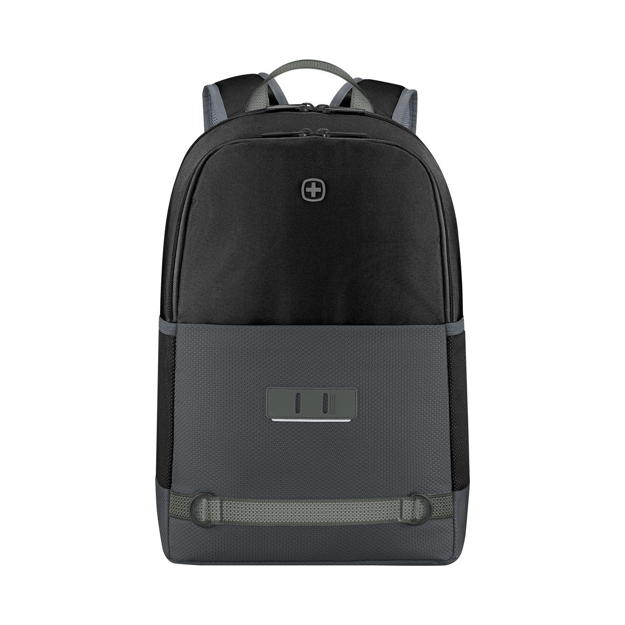 Black and gray backpack with a logo and front pocket.