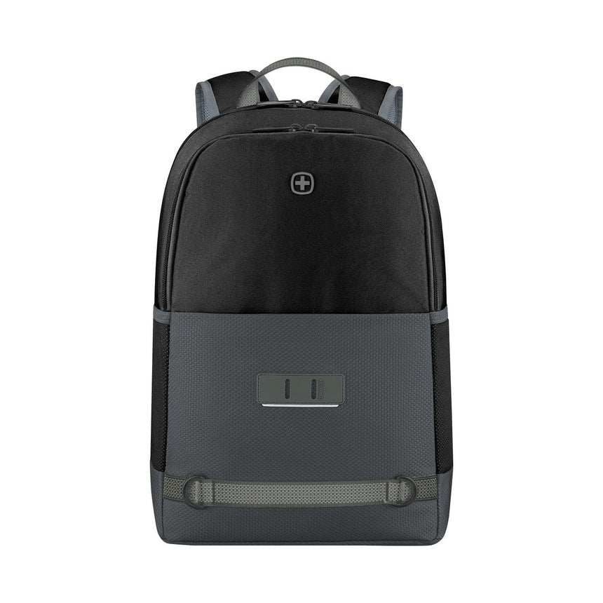 Black and gray backpack with a logo and front pocket.