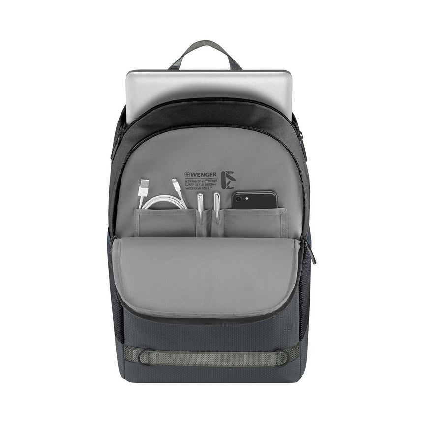 Sleek gray and black backpack with multiple compartments and a laptop sleeve.