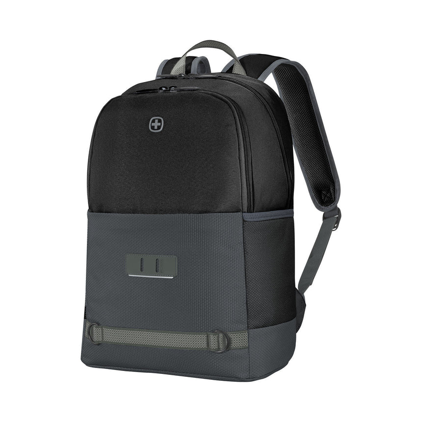 Black and gray backpack with two compartments and padded shoulder straps.