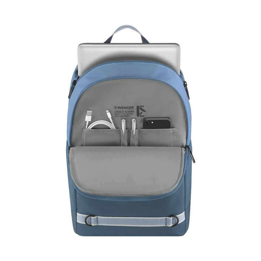 Blue and gray backpack with multiple compartments and a front pocket for electronics accessories.