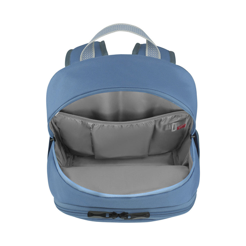 Blue backpack with an open main compartment showing a gray interior.
