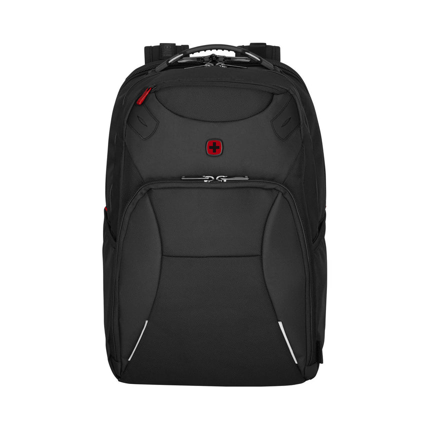 Black backpack with multiple compartments and a small red logo.